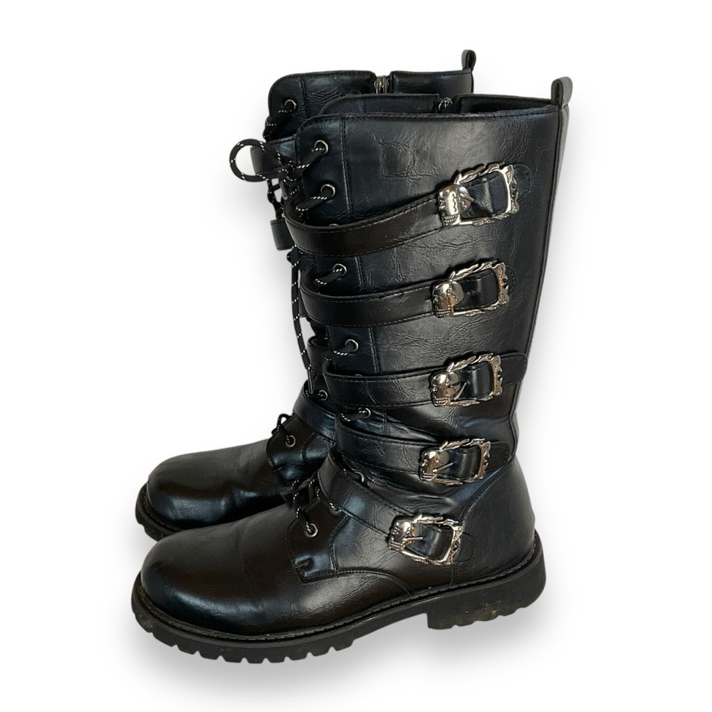 Vintage Goth Boots Mens Black Buckle Skulls Flat Combat Punk Tall Moto Size 13